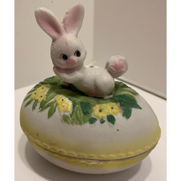 Vintage Pink Easter Bunny Rabbit On Egg Trinket Box Ceramic Porcelain - Picture 1 of 6